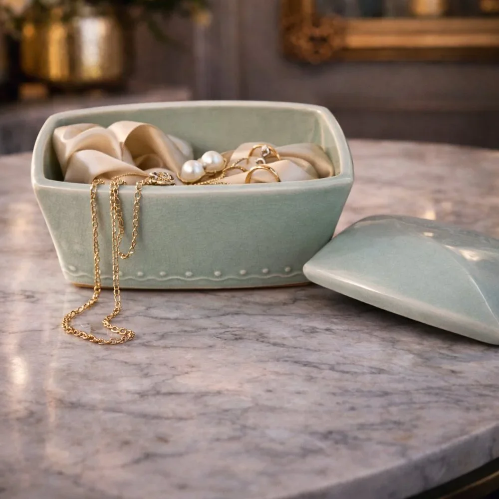 Vintage Pier 1 Celadon Crackle Glaze Ceramic Box w Lid NEW Decor